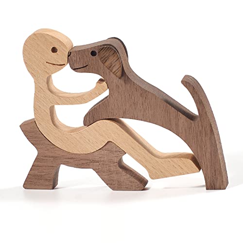 Pipihome Familie Welpe Katze Holz Schnitzerei Ornamente, natürliches Massivholz Niedlich Welpen, Kätzchen und Menschen Handwerk Statue Skulptur Ornament Home Decor (Entspannende Männer und Welpen) von Pipihome