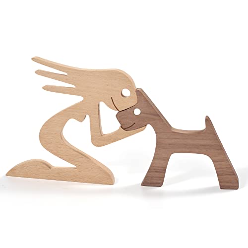 Pipihome Familie Welpe Katze Holz Schnitzerei Ornamente, natürliches Massivholz Niedlich Welpen, Kätzchen und Menschen Handwerk Statue Skulptur Ornament Home Decor (Frau Küssen Welpen) von Pipihome