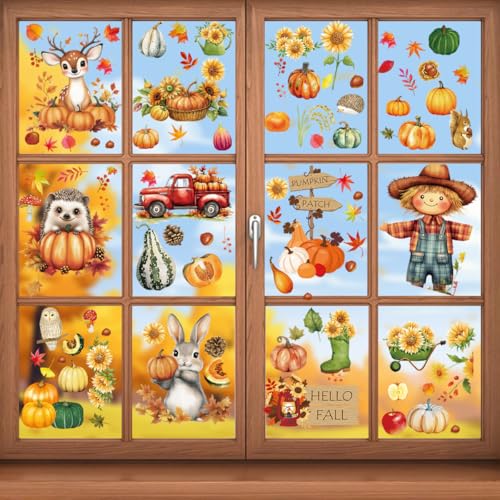Fensterbilder Selbstklebend Herbst, Fensterbilder Herbst Kinder, Herbstdeko, Fensterbilders Kinder Statisch & Doppelseitige & Wiederverwendbare für Erwachsene Kinderzimmer Cafe von Pipihome