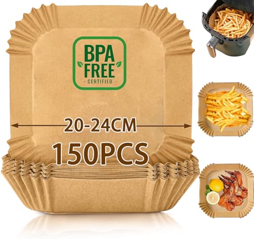 150 Stück Backpapier für Heißluftfritteuse 4.5L-8L 20-24 cm Airfryer Backpapier Pergamentpapier Liner Antihaft Wasserdicht Ölfest Einwegschalen Luftfritteuse von Pipiruew