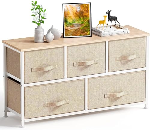 Pipishell Kommode Schmal Schrank mit 5 Schubladen aus Stoff, praktische Aufbewahrungskommode, Ordnungsmöbel für Schlafzimmer, Kinderzimmer, Wohnungseingang, Flur, Beige von Pipishell