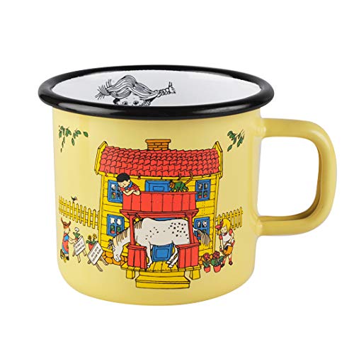 Pippi Langstrumpf Tasse Villa Kunterbunt, Emaille, Gelb, Pippi Geschirr für Kinder und Erwachsene, 370ml von Muurla