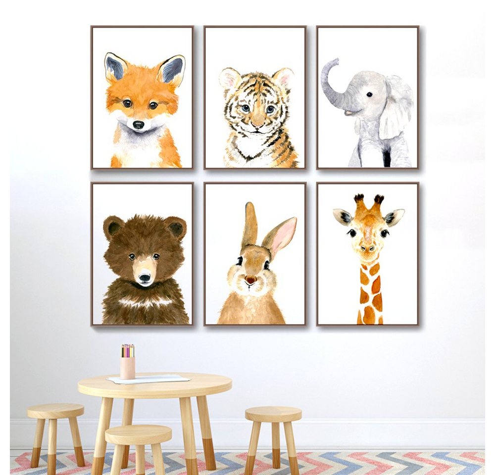 Pippolipo Bild, (6er Set), Poster Kinderzimmer Deko Babyzimmer Wohnzimmer A4 Kinderposter Kinderbilder Tiere Tiermotive Waldtiere für Kinder Junge Mädchen, Modell A4P3 von Pippolipo