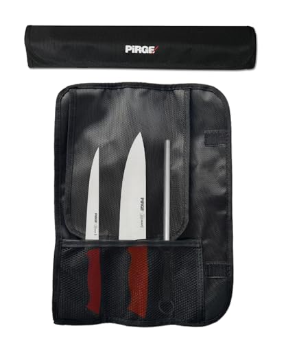 Pirge Duo Profi Messerset mit Tasche 4 Stück - Rutschfester Griff - Profi Kochmesser Set - Edelstahl Profi Küchenmesser Set - Messer Set Scharf von Pirge