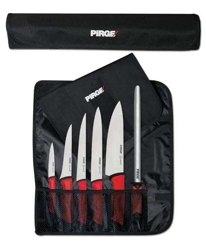 Pirge Duo Profi Messerset mit Tasche 7 Stück - Rutschfester Griff - Profi Kochmesser Set - Edelstahl Profi Küchenmesser Set - Messer Set Scharf für Köche von Pirge