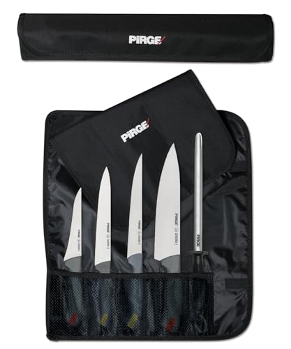 Pirge Gastro Profi Messerset mit Tasche 6 Stück - Griff mit Farbeinsatz - Profi Kochmesser Set - Edelstahl Profi Küchenmesser Set - Messer Set Scharf von Pirge