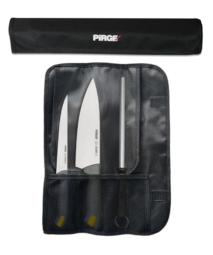 Pirge Gastro Profi Messerset mit Tasche 4 Stück - Griff mit Farbeinsatz - Profi Kochmesser Set - Edelstahl Profi Küchenmesser Set - Messer Set Scharf von Pirge