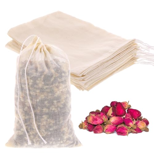 Piriuuo 20 Stück Gewürzsäckchen, Gewürzbeutel zum Mitkochen Teebeutel aus Baumwolle Umweltfreundlich und Wiederverwendbar Musselinbeutel mit Kordelzug für Tee, Kaffee, Filter, Gewürze(10 x 15 cm) von Piriuuo