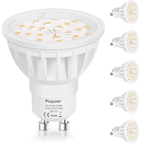 Pispoer 5W Dimmbar GU10 LED Lampe,Warmweiß 2700K LED Spot 6er Pack,AC200-240V,Ersetzt 50W Halogen Lampe,600Lm Ra85 120°Strahlwinkel,LED Birnen,LED Leuchtmittel. von Pispoer