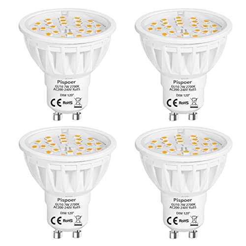 Pispoer Dimmbar GU10 LED Lampe,4er Pack,7W Warmweiß 2700K AC200-240V,Ersetzt 75W Halogen Lampe,750Lm Ra85 120°Strahlwinkel,LED Birnen,LED Leuchtmittel. von Pispoer