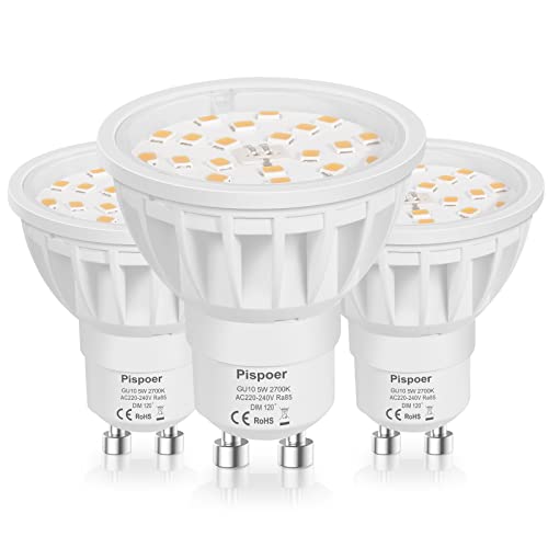 Pispoer Dimmbar GU10 LED Lampe,5W Warmweiß 2700K LED Spot 3er Pack,AC200-240V,Ersetzt 50W Halogen Lampe,600Lm Ra85 120°Strahlwinkel,LED Birnen,LED Leuchtmittel. von Pispoer