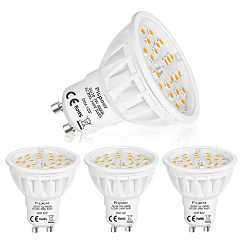 Pispoer Dimmbar GU10 LED Lampe,7W Neutralweiss 4000K,Ersetzt 80W Halogen Lampe,780lm Ra85 120°Strahlwinkel,LED Birnen,LED Leuchtmittel AC200-240V,4er Pack. von Pispoer