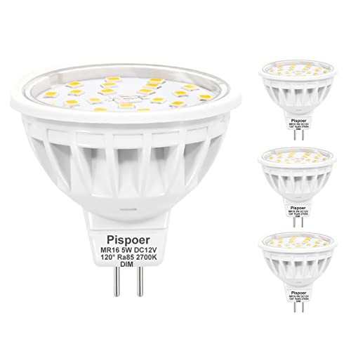 Pispoer Dimmbar MR16 GU5.3 LED Lampe,5W Warmweiß 2700K LED Spot,Ersetzt 50W Halogen Lampe,DC12V 600LM RA85 120°Abstrahlwinkel,4er Pack. von Pispoer