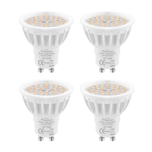 Pispoer GU10 LED Lampe,4er Pack,7.5W Warmweiß 2700K LED Spot,Ersetzt 75W Halogen Lampe,750Lm Ra85 120°Strahlwinkel,LED Birnen,LED Leuchtmittel,AC100-240V. von Pispoer