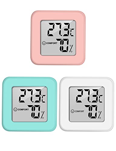 Pitasha Mini Thermo-Hygrometer Innen, 3PSC Thermometer Hygrometer Raumthermometer und Feuchtigkeitsmonitor mit LCD-Bildschirm für Schlafzimmer, Büro, Babyzimmer, Gewächshaus (Weiß+Grün+Rosa) von Pitasha