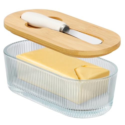 Butterdose mit Deckel, Butterbehälter für Arbeitsplatte, Butterbehälter mit Bambusdeckel und Edelstahlmesser, Glas-Butterdose perfekt für Ost-/Westküstenbutter von Pitmoly