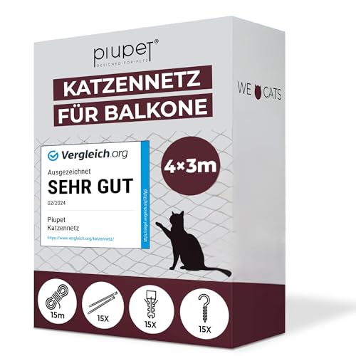 PiuPet® Katzennetz I 4x3m I transparent I inklusive Montagematerial I Katzennetz für Balkon | Katzenschutz Fenster I Katzen Balkonnetz I Ideal für uneingeschränkte Sicht von PiuPet