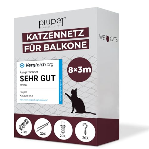 PiuPet® Katzennetz für Balkon I 8x3m I transparent I inklusive Montagematerial I Katzennetz | Katzenschutz Fenster I Katzen Balkonnetz I Ideal für uneingeschränkte Sicht von PiuPet