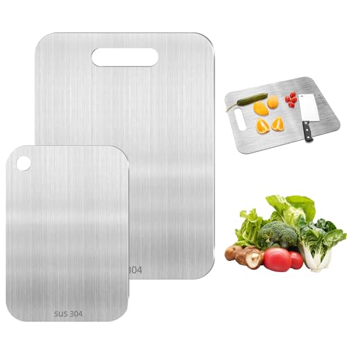 Piuluvor® 2 Stück Titan Schneidebrett, 304 Schneidebrett Edelstahl Titanium Cutting Board Doppelseitiges Lebensmittel Grade für Fleisch Gemüse Obst von Piuluvor
