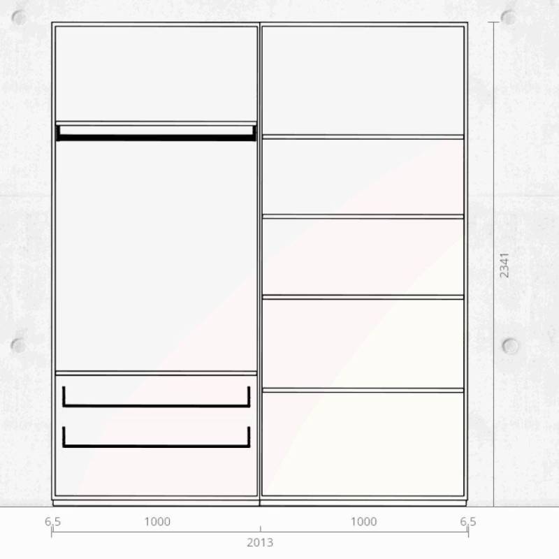 Piure - Nex Pur Schrank 201x234cm - weiß RAL 9016/MDF matt lackiert/2x Fachböden mit Kleiderstange/2x Innenschubkästen/4x normale Fachböden von Piure