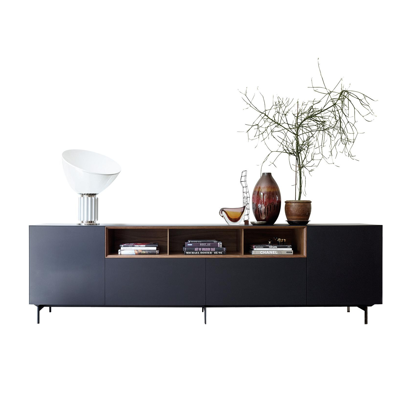 Piure - Nex Sideboard 281,2x48x78cm - kohle/2 Schubkasten/3 offene Fächer Nussbaum furniert/2 Fächer mit Tür/Fuß schwarz H15cm von Piure