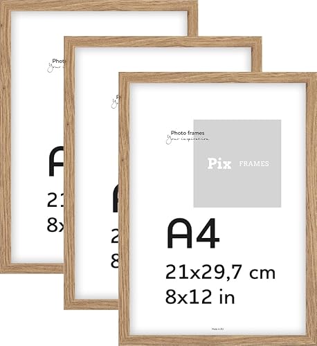 Pix FRAMES 3er Bilderrahmen Set A4 - Holzrahmen für Foto - Rahmen mit Plexiglas - Rahmen zum Aufhängen und Aufstellen - Modern Photo Frame - Eiche von Pix FRAMES