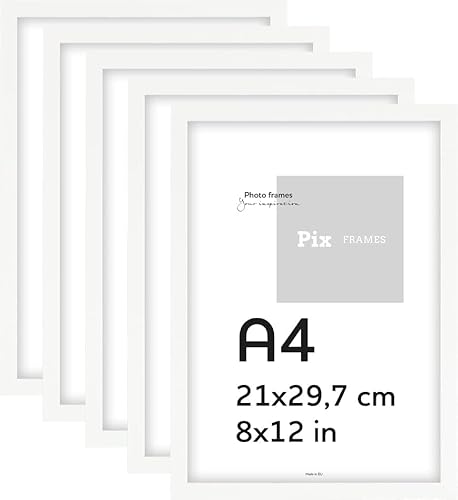 Pix FRAMES 5er Bilderrahmen Set A4 - Holzrahmen für Foto - Rahmen mit Scheiben aus acrylglas - Rahmen zum Aufhängen und Aufstellen - Modern Photo Frame - Weiß von Pix FRAMES