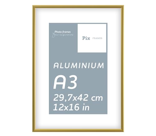 Pix FRAMES Bilderrahmen A3 - Fotorahmen aus Aluminium - Scheiben aus acrylglas - Bilderrahmen zum Vertikalen und Horizontalen Aufhängen - Metallrahmen - Alu-Bilderrahmen - Frame - Gold - 29,7x42 cm Pix FRAMES Bilderrahmen A3 - Fotorahmen aus Aluminium - Scheiben aus acrylglas - Bilderrahmen zum Vertikalen und Horizontalen Aufhängen - Metallrahmen - Alu-Bilderrahmen - Frame - Gold - 29,7x42 cm von Pix FRAMES