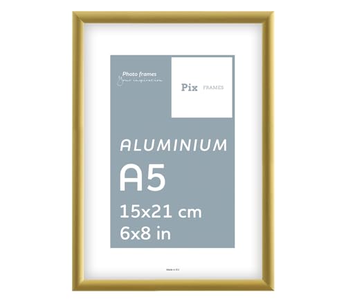 Pix FRAMES Bilderrahmen A5 - Fotorahmen aus Aluminium - Scheiben aus acrylglas - Bilderrahmen zum Vertikalen und Horizontalen Aufhängen - Metallrahmen - Alu-Frame - Gold - 15x21 cm Pix FRAMES Bilderrahmen A5 - Fotorahmen aus Aluminium - Scheiben aus acrylglas - Bilderrahmen zum Vertikalen und Horizontalen Aufhängen - Metallrahmen - Alu-Frame - Gold - 15x21 cm von Pix FRAMES