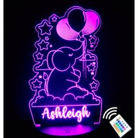 Personalisierter Name Baby Elefant Kalb Mit Luftballons Led Neon Nachtlicht. Mädchen Schlafzimmer/Kinderzimmer. Mehrfarbige + Fernbedienung von PixPrintUK