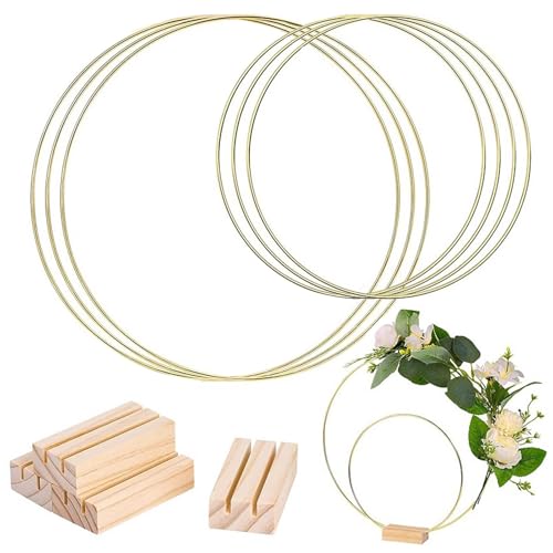 6 Stück Metallringe Zum Basteln - Metallring mit Fuß, Dekoring mit Fuß, 10cm 20cm Metallring mit Holzständer, Metall Deko Ringe mit Ständer für DIY Blumen Basteln Handwerk, Hochzeitstischdekoration von Pixaro