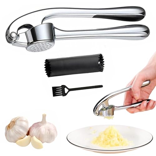Knoblauchpresse Edelstahl - Garlic press KüChenhelfe mit Knoblauchschäler und Bürste Knoblauch Presse Einfach sauber Knoblauchpresse mit leicht zu drückendem Griff von Pixaro