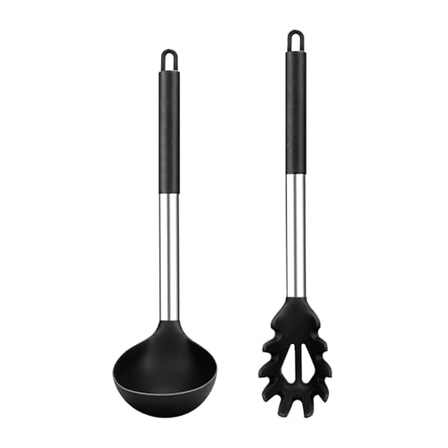 Silikon Suppenkelle und Spaghettilöffel Set - 2er Silikon Schöpfkelle und Nudellöffel mit Griff aus Edelstahl, Antihaft und Gesund, zum Kochen,Suppe,Sauce,Rühren,Hitzebeständiger von Pixaro