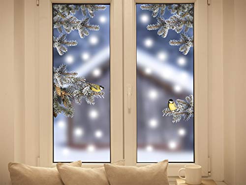Pixblick Fenstersticker - Meisen auf verschneiten Tannenzweigen für Weihnachten I Made in Germany I Wiederverwendbar von Pixblick