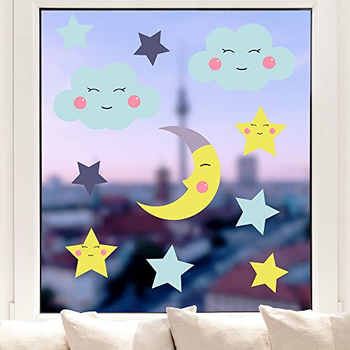 Pixblick Fenstersticker - Schlafender Mond, Sterne und Wolken für Kinderzimmer I Made in Germany I Wiederverwendbar von Pixblick