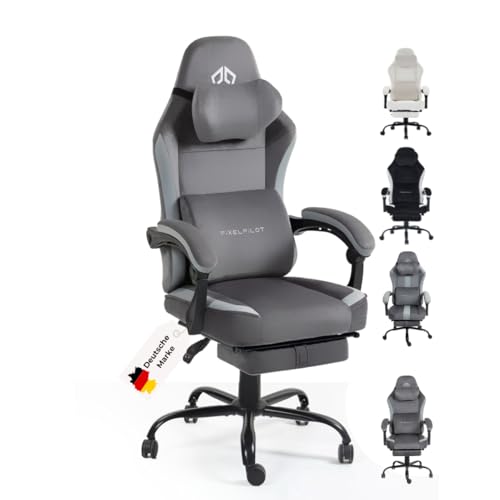 PixelPilot Ergonomischer Gaming Stuhl [Atmungsaktiver Stoff] Chair mit Fußstütze, Kopf- und Lendenwirbelstütze, Gamer PC Stuhl [breite Sitzfläche] Bürostuhl 150 kg Belastbarkeit (Nebula, Grau Pure) von PixelPilot