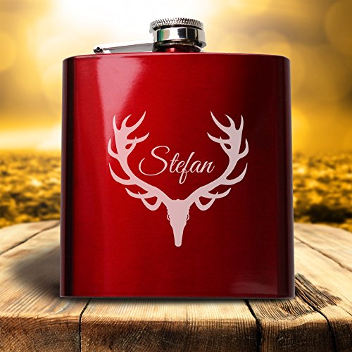 Flachmann "Rot" mit Namens Gravur und Hirsch Geweih! Persönliches Geschenk mit Wunschnamen graviert. von Pixelstudio