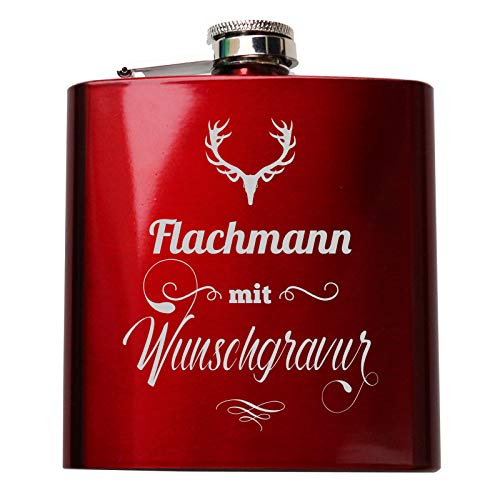 Flachmann Rot mit Wunsch Gravur! Mit eigenem Namen, Text, Logo, Vereine, Firmen von Pixelstudio
