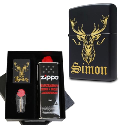 Hirsch Feuerzeug mit Gravur personalisiert | Erstellt mit Zippo Feuerzeug. Männer Geschenke für Jäger & Jagd. Mit Geschenkset von Pixelstudio