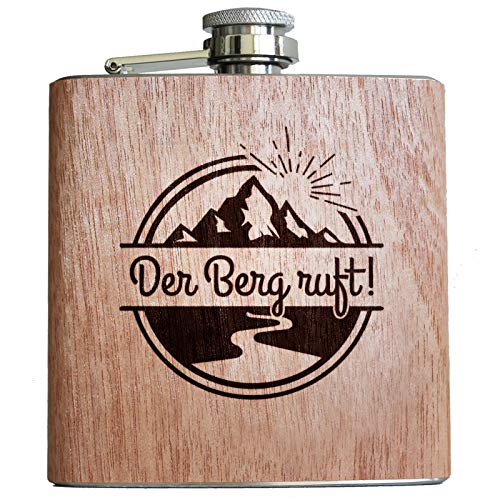 Holz Flachmann Skifahrer Bergsteiger Wandern Jäger Geschenk Männer Frauen Alkohol Apres-Ski Der Berg ruft von Pixelstudio