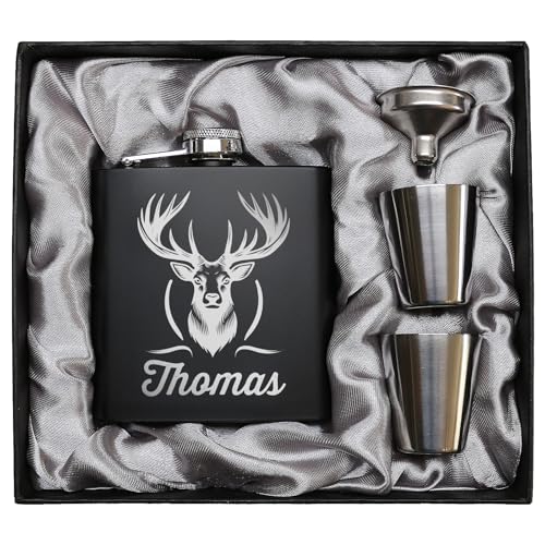 Jäger Geschenk Flachmann Hirsch mit Gravur Flachmann Jäger Geschenkidee Männer Schwarz von Pixelstudio