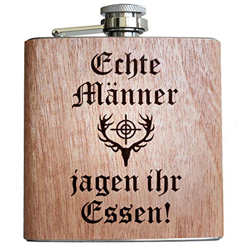 Jäger Holz Flachmann Jagd Jägerin jagen Geschenke Männer Frauen Hirsch Geweih lustiger Spruch Alkohol Echte Männer von Pixelstudio