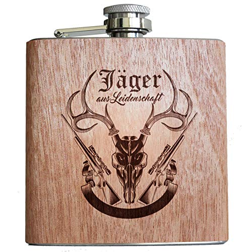 Jäger Holz Flachmann mit Spruch, Hirsch Geweih und Holz Ummantelung. Geschenk für Jäger und Jägerinnen. Mit Gravur. von Pixelstudio