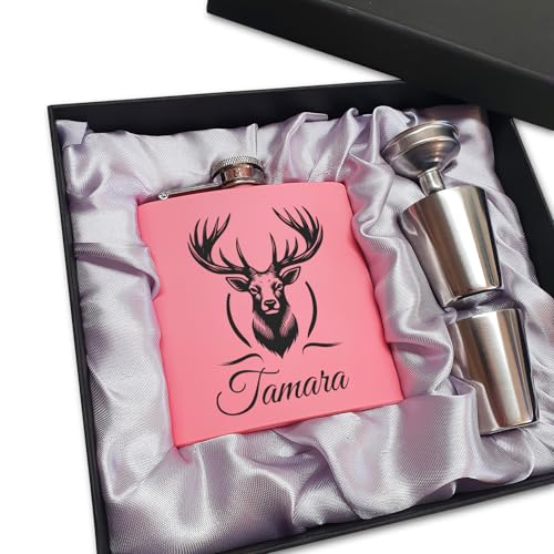 Jägerin Geschenk Rosa Flachmann Hirsch mit Gravur Flachmann Frauen Geschenkidee Bergsteigerin Pink von Pixelstudio