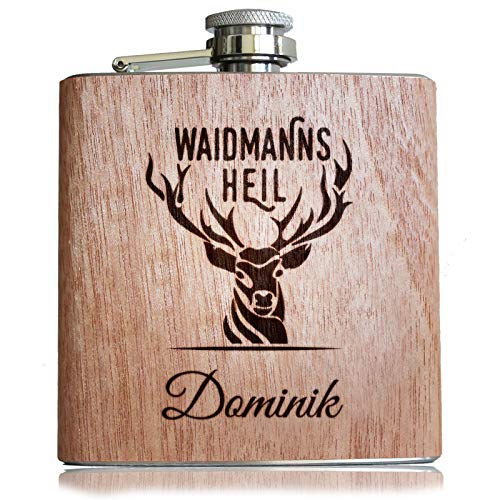 Persönliches Geschenk für Jäger Waidmannsheil Holz Flachmann mit individueller Gravur von eigenem Namen Jagd & Jagen von Pixelstudio