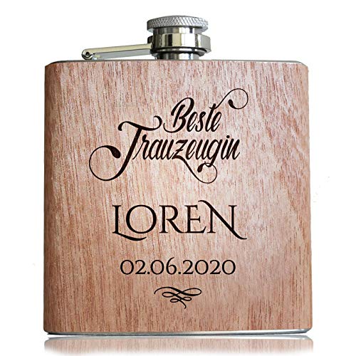 Pixelstudio Beste Trauzeugin Holz Flachmann mit persönlicher Namens Gravur & Datum | Geschenk Idee Hochzeit von Pixelstudio