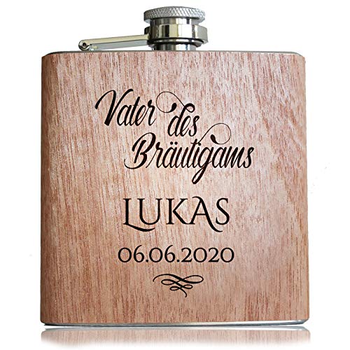Pixelstudio Bräutigamvater Geschenk Holz Flachmann Vater des Bräutigams Geschenkidee Hochzeit Bester Papa persönliche Gravur Name von Pixelstudio