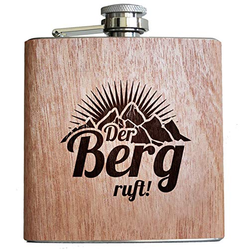 Pixelstudio Der Berg Ruft - Holz Flachmann! Geschenk Idee zum Wandern Klettern Bergsteiger Ski Fahrer Urlaub für Männer und Frauen von Pixelstudio