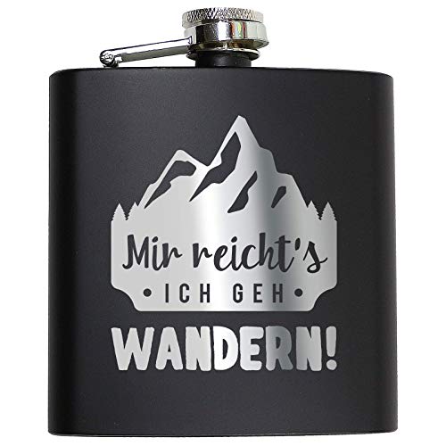 Pixelstudio Flachmann mit Gravur Lustige Sprüche Berge Wandern Bergsteigen Après-Ski Skifahren Geschenk Schwarz - Mir reichts, ich GEH wandern von Pixelstudio