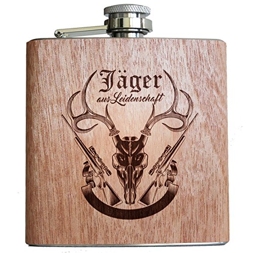 Pixelstudio Holz Flachmann Jäger 6oz | Mit Gravur und Spruch. Geschenk Idee für Männer Jagd Hirsch Geweih von Pixelstudio